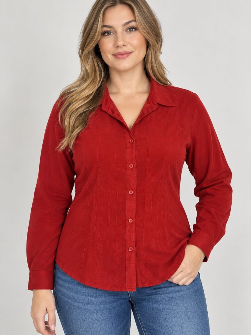 Women's Red Button-Down Collared Shirt - Tailored Everyday Top